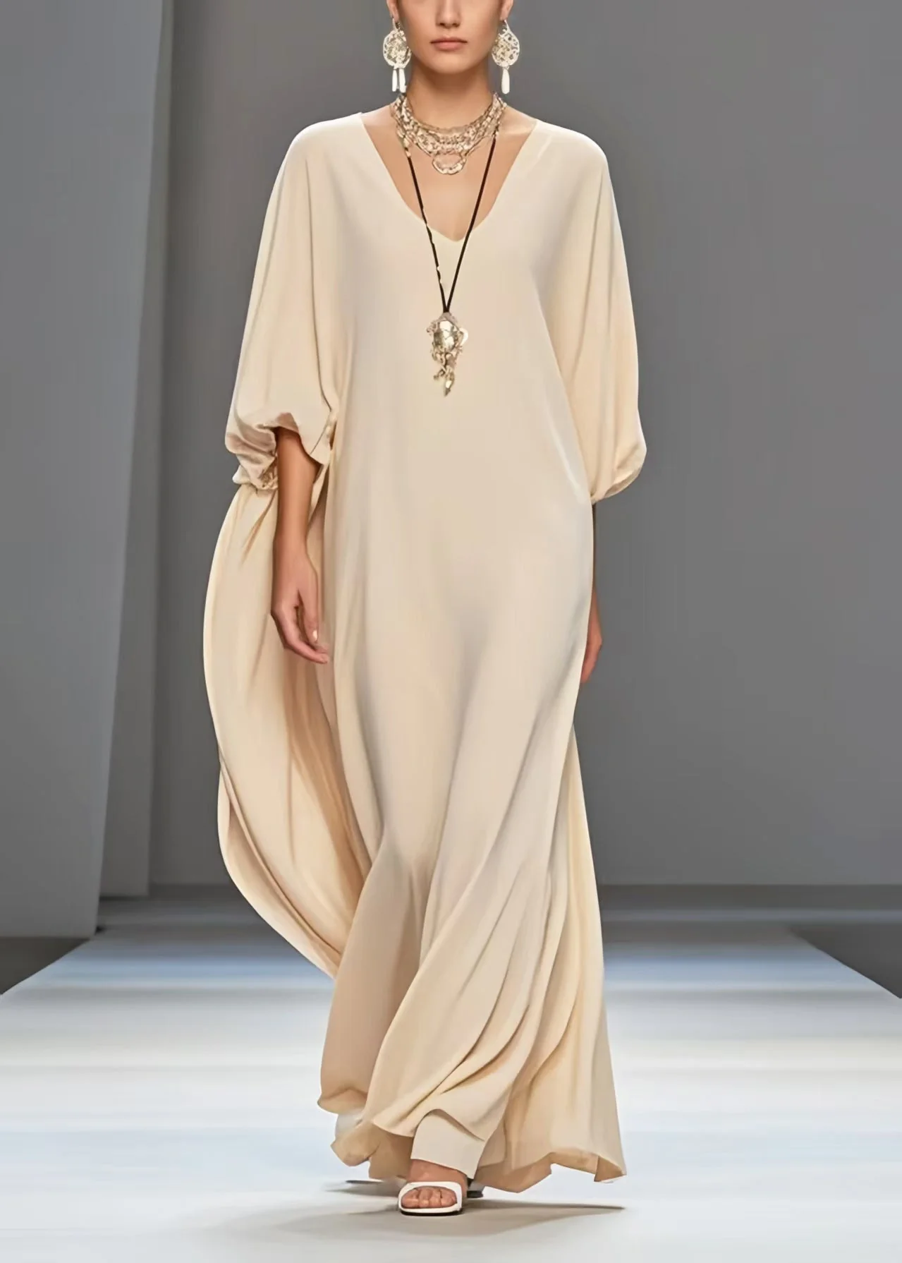 Art Apricot Oversized Draping Chiffon Dress Lantern Sleeve - Image 5