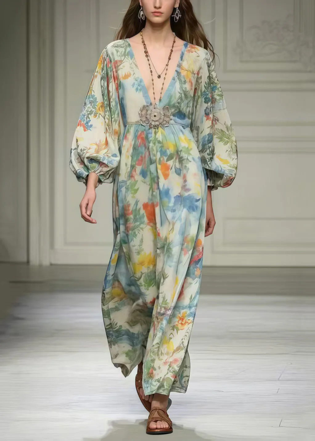 Art Apricot Print Chiffon Robe Dresses V Neck Spring - Image 3