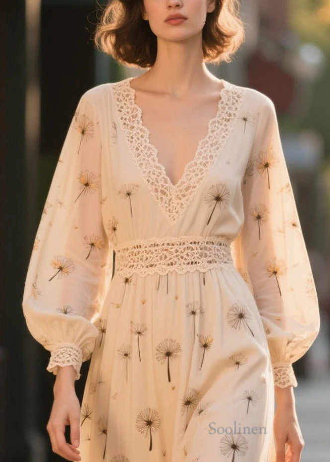 Art Apricot Print Lace Patchwork Chiffon Party Dresses Fall - Image 2