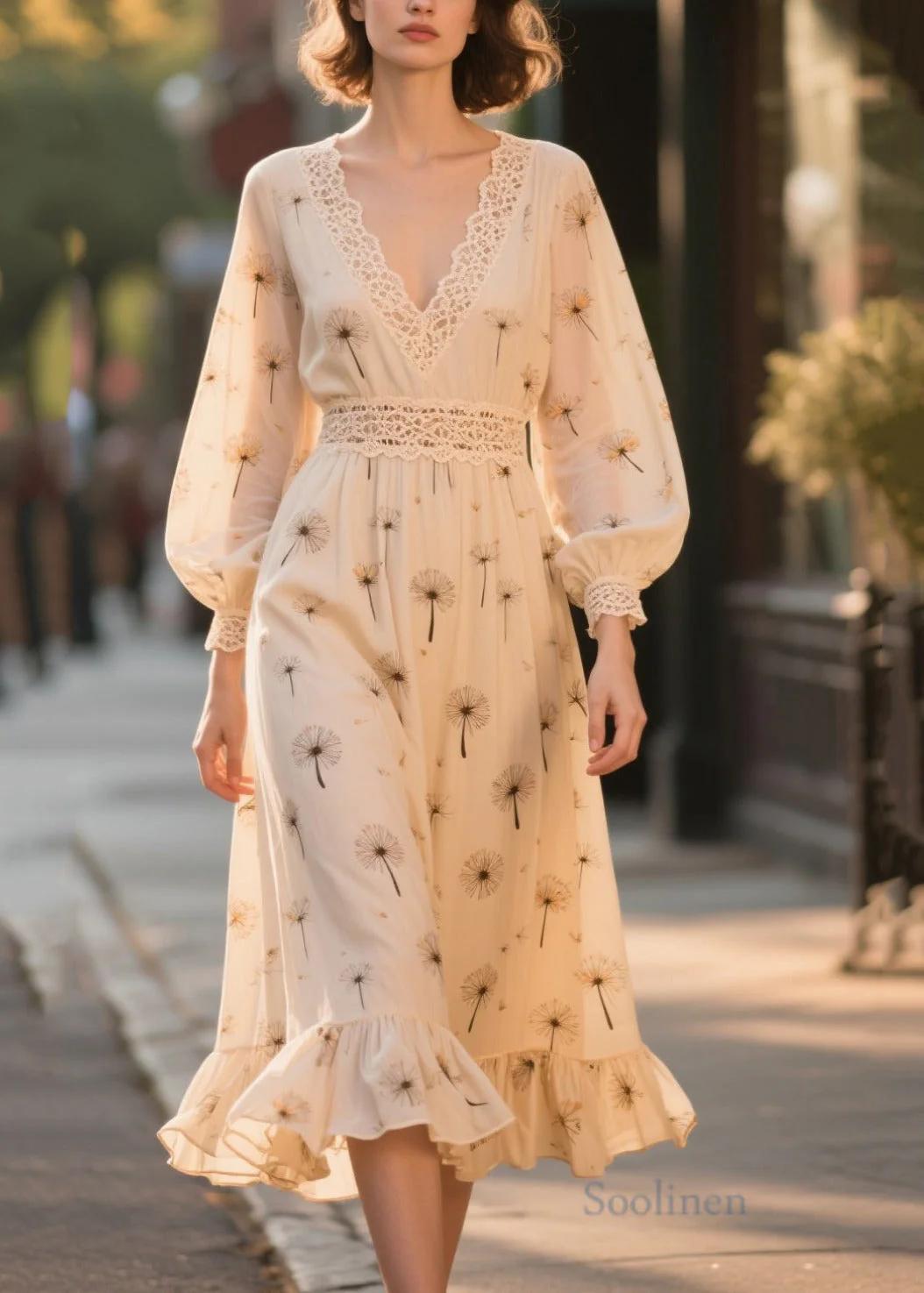 Art Apricot Print Lace Patchwork Chiffon Party Dresses Fall - Image 3