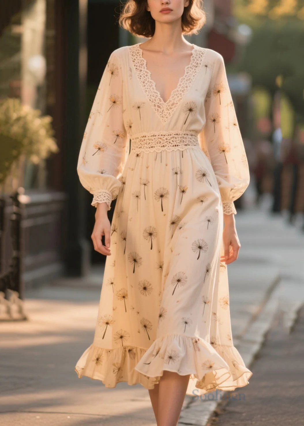 Art Apricot Print Lace Patchwork Chiffon Party Dresses Fall - Image 5