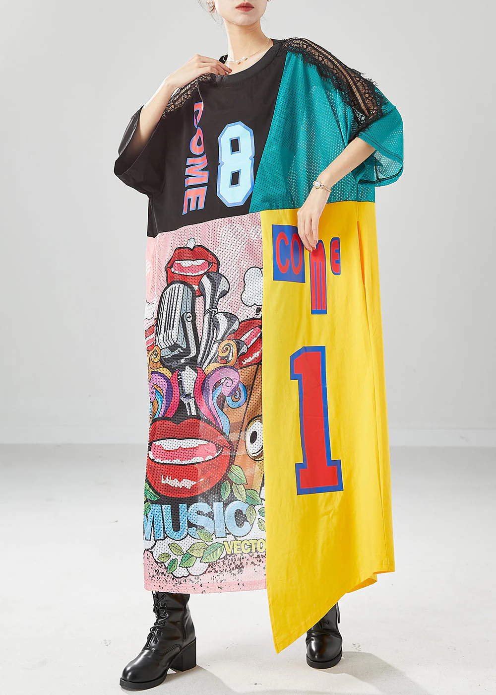 Art Asymmetrical Patchwork Hollow Out Graffiti Dresses Summer - Image 5