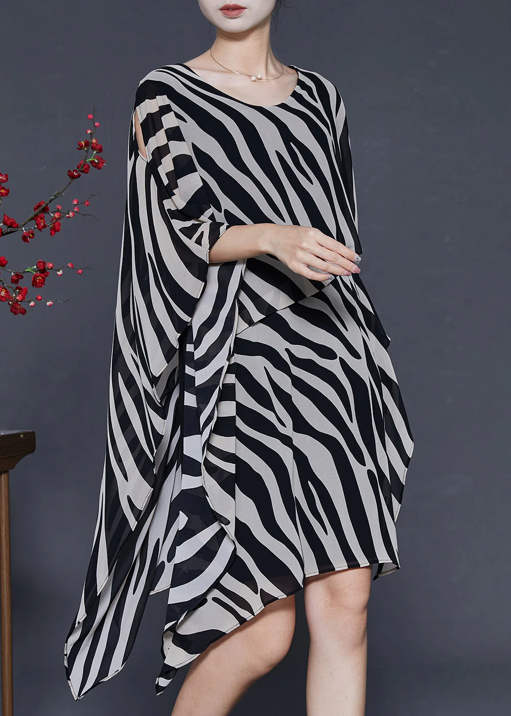 Art Asymmetrical Zebra Pattern Print Chiffon Dresses Summer - Image 3