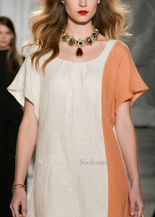 Art Beige Asymmetrical Patchwork Cotton Dresses Summer - Image 2
