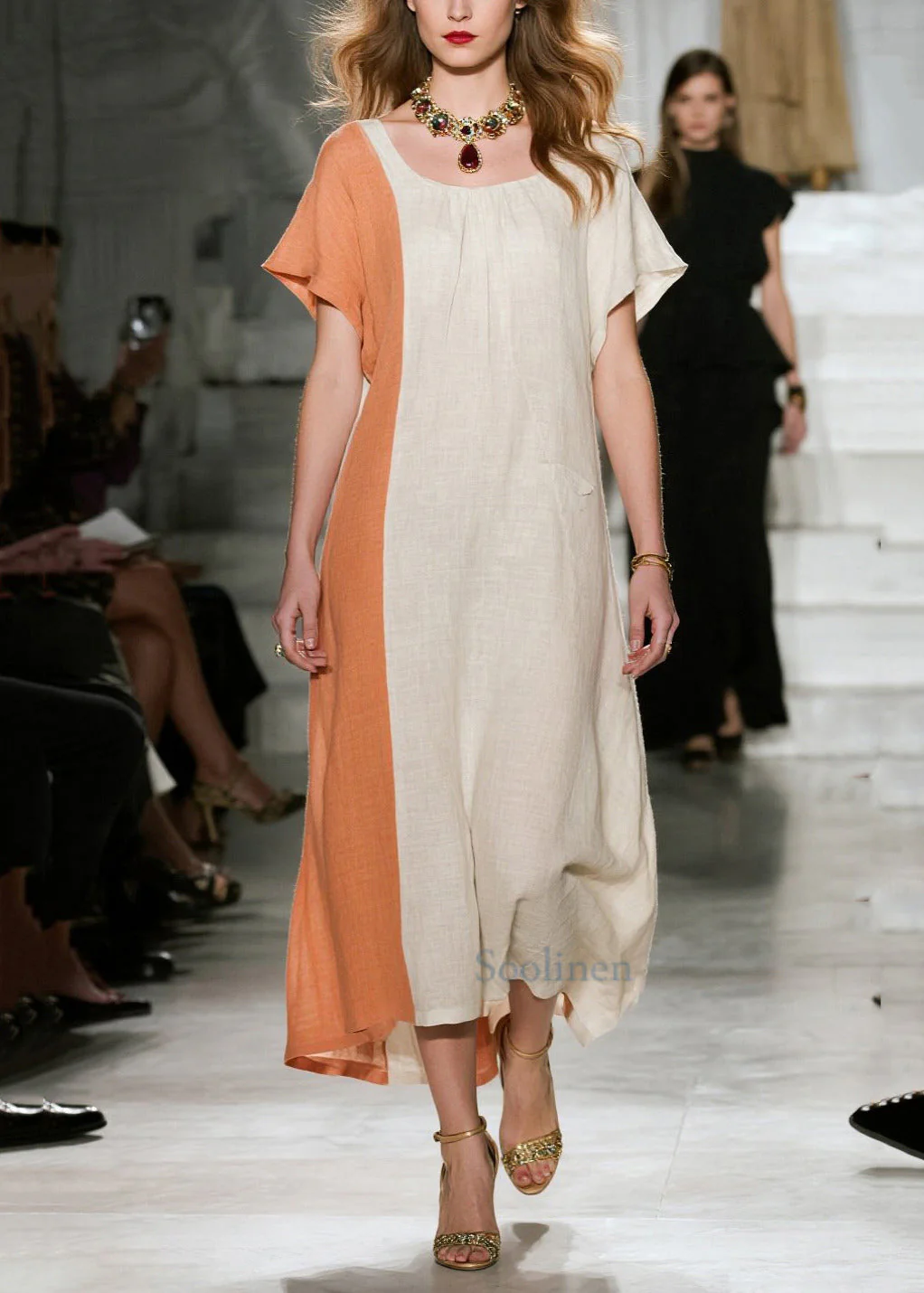 Art Beige Asymmetrical Patchwork Cotton Dresses Summer - Image 3
