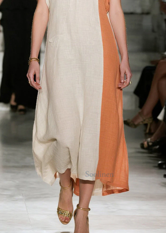 Art Beige Asymmetrical Patchwork Cotton Dresses Summer - Image 4