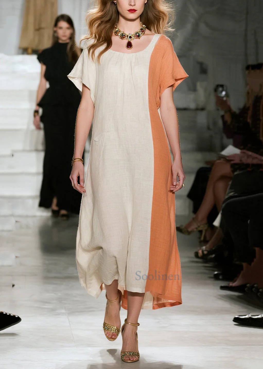 Art Beige Asymmetrical Patchwork Cotton Dresses Summer - Image 5