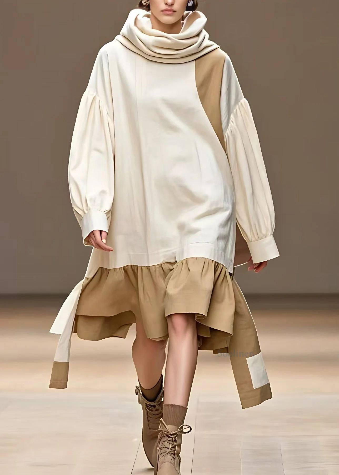 Art Beige Asymmetrical Patchwork Long Dress Long Sleeve - Image 2