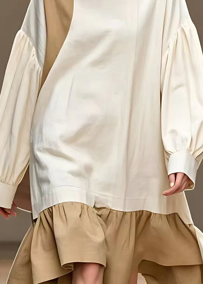 Art Beige Asymmetrical Patchwork Long Dress Long Sleeve - Image 4