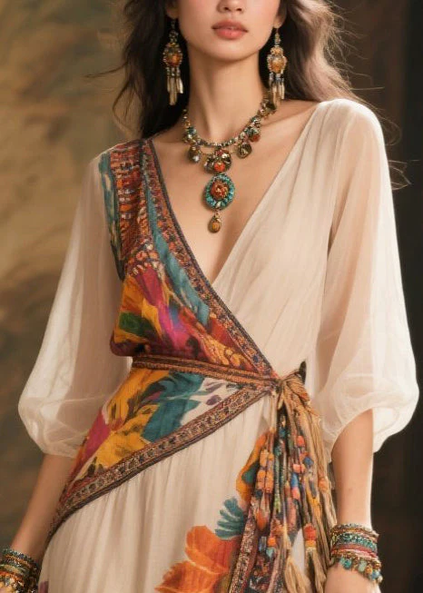 Art Beige Asymmetrical Tasseled Chiffon Dress Summer - Image 2
