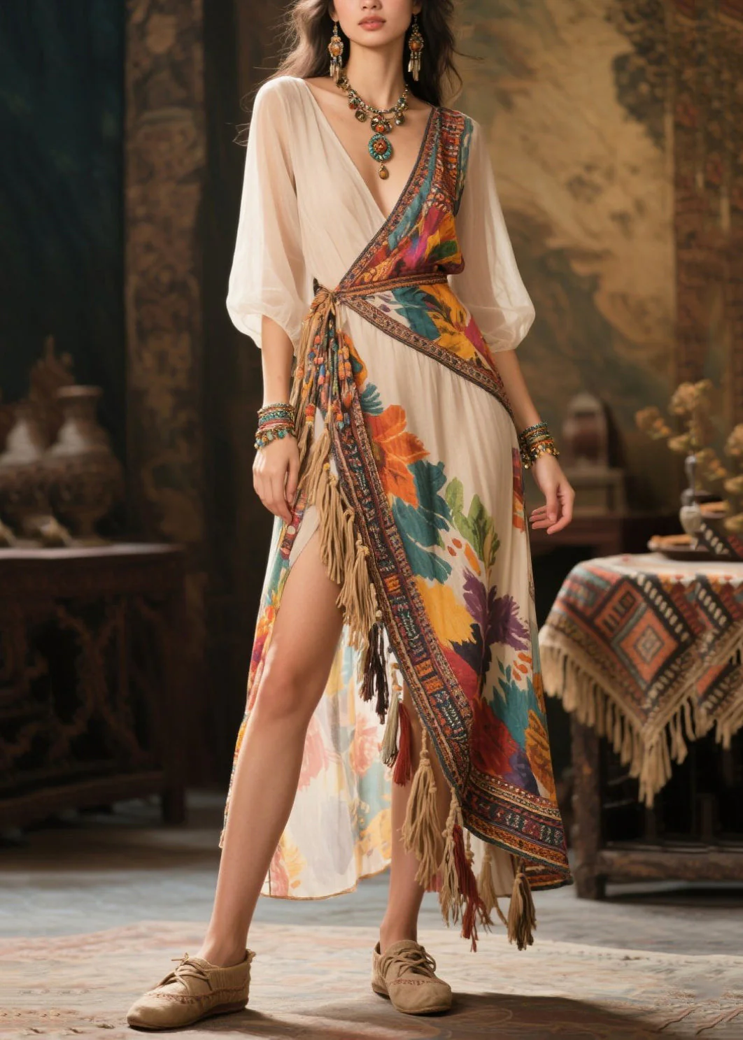 Art Beige Asymmetrical Tasseled Chiffon Dress Summer - Image 3
