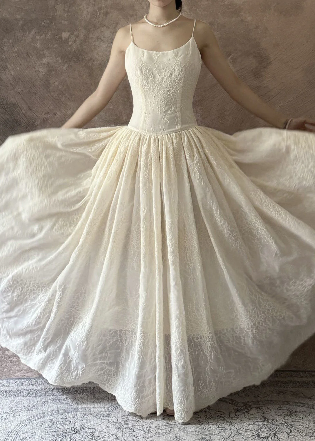 Art Beige Embroidered High Waist Cotton Spaghetti Strap Dress Sleeveless - Image 2