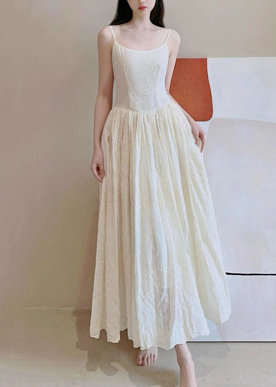 Art Beige Embroidered High Waist Cotton Spaghetti Strap Dress Sleeveless - Image 3