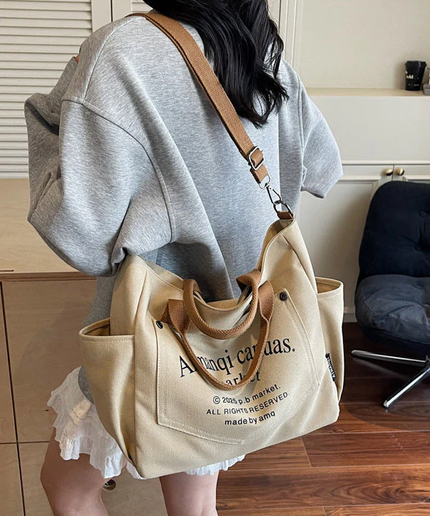 Art Beige Letter Print Pockets Solid Durable Canvas Tote Handbag - Image 2