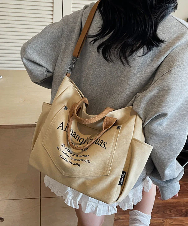 Art Beige Letter Print Pockets Solid Durable Canvas Tote Handbag - Image 3