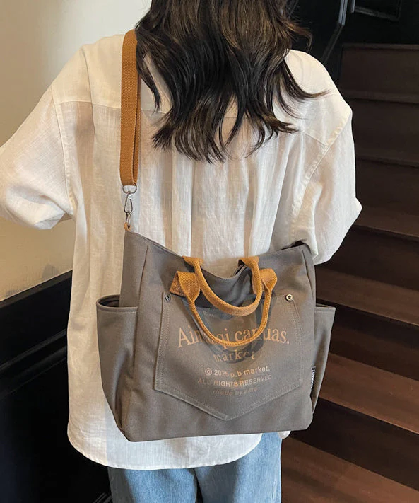 Art Beige Letter Print Pockets Solid Durable Canvas Tote Handbag - Image 4