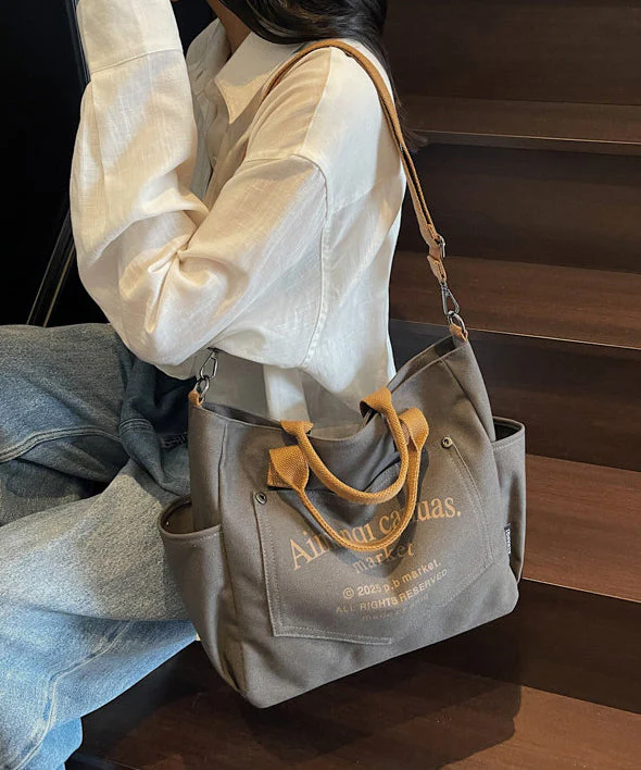 Art Beige Letter Print Pockets Solid Durable Canvas Tote Handbag - Image 5
