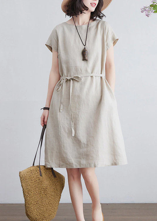 Art Beige O-Neck Tie Waist Linen Mid Dresses Short Sleeve - Image 2