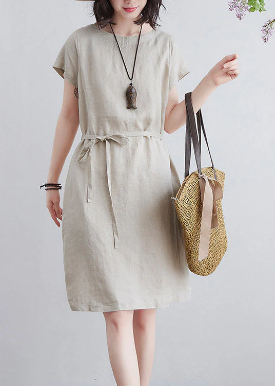 Art Beige O-Neck Tie Waist Linen Mid Dresses Short Sleeve - Image 4