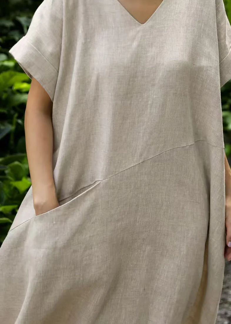Art Beige Oversized Patchwork Linen Holiday Dresses Summer - Image 4