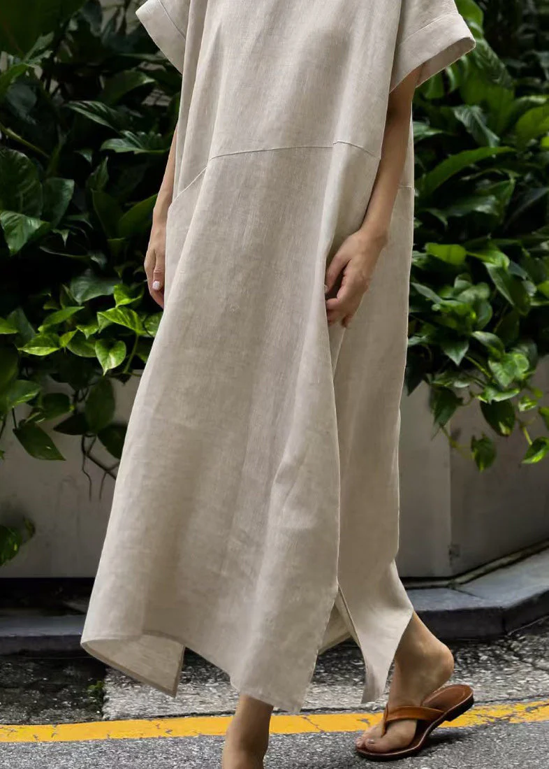 Art Beige Oversized Patchwork Linen Holiday Dresses Summer - Image 5