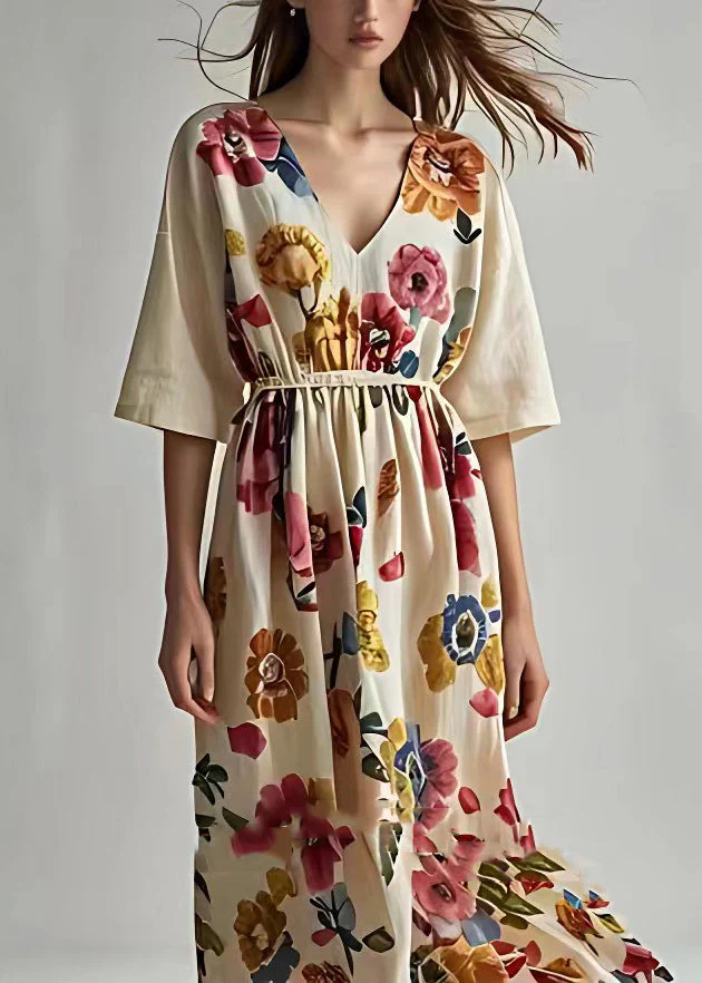 Art Beige Print High Waist Cotton Long Dresses Summer - Image 2