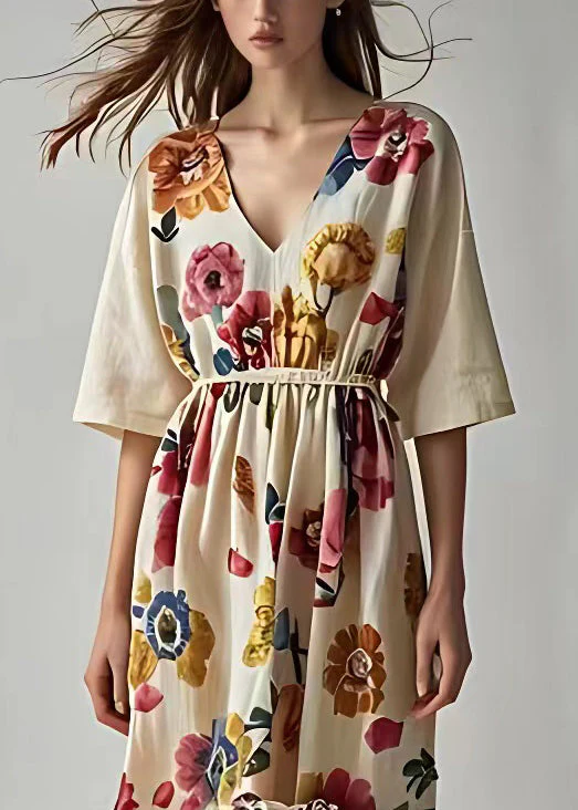 Art Beige Print High Waist Cotton Long Dresses Summer - Image 3