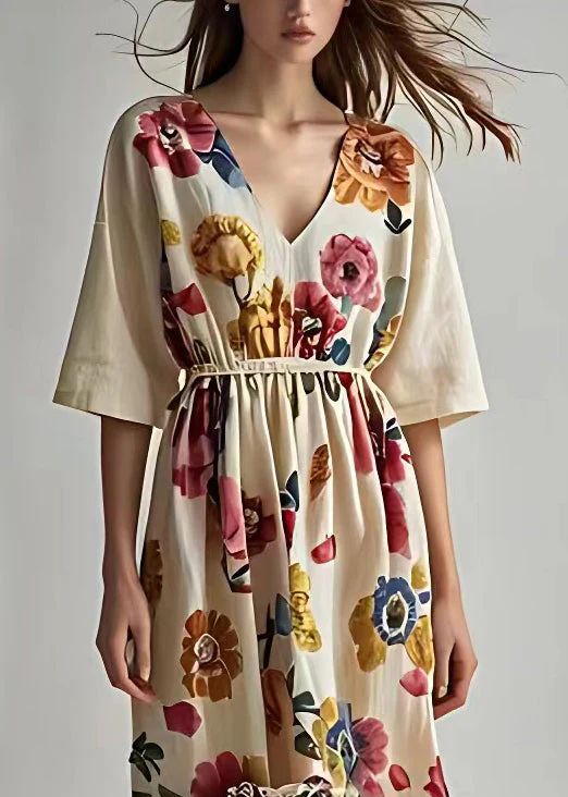 Art Beige Print High Waist Cotton Long Dresses Summer - Image 4