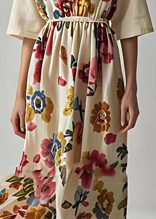 Art Beige Print High Waist Cotton Long Dresses Summer - Image 5