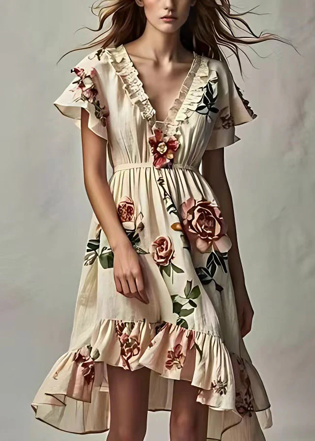 Art Beige Ruffled Print Cotton Dresses Short Sleeve - Image 2