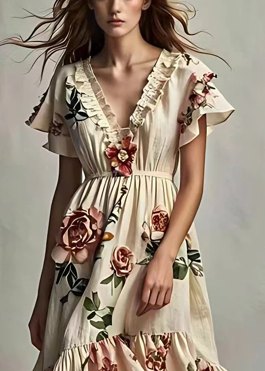 Art Beige Ruffled Print Cotton Dresses Short Sleeve - Image 3