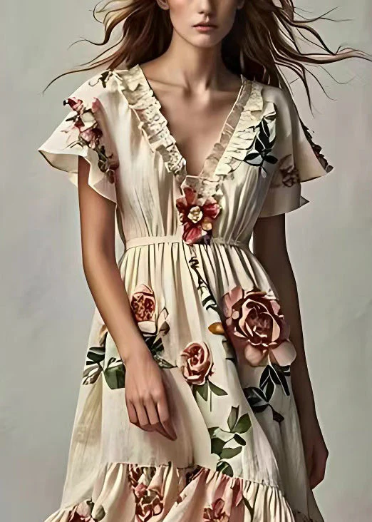 Art Beige Ruffled Print Cotton Dresses Short Sleeve - Image 4