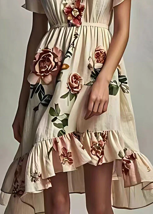 Art Beige Ruffled Print Cotton Dresses Short Sleeve - Image 5