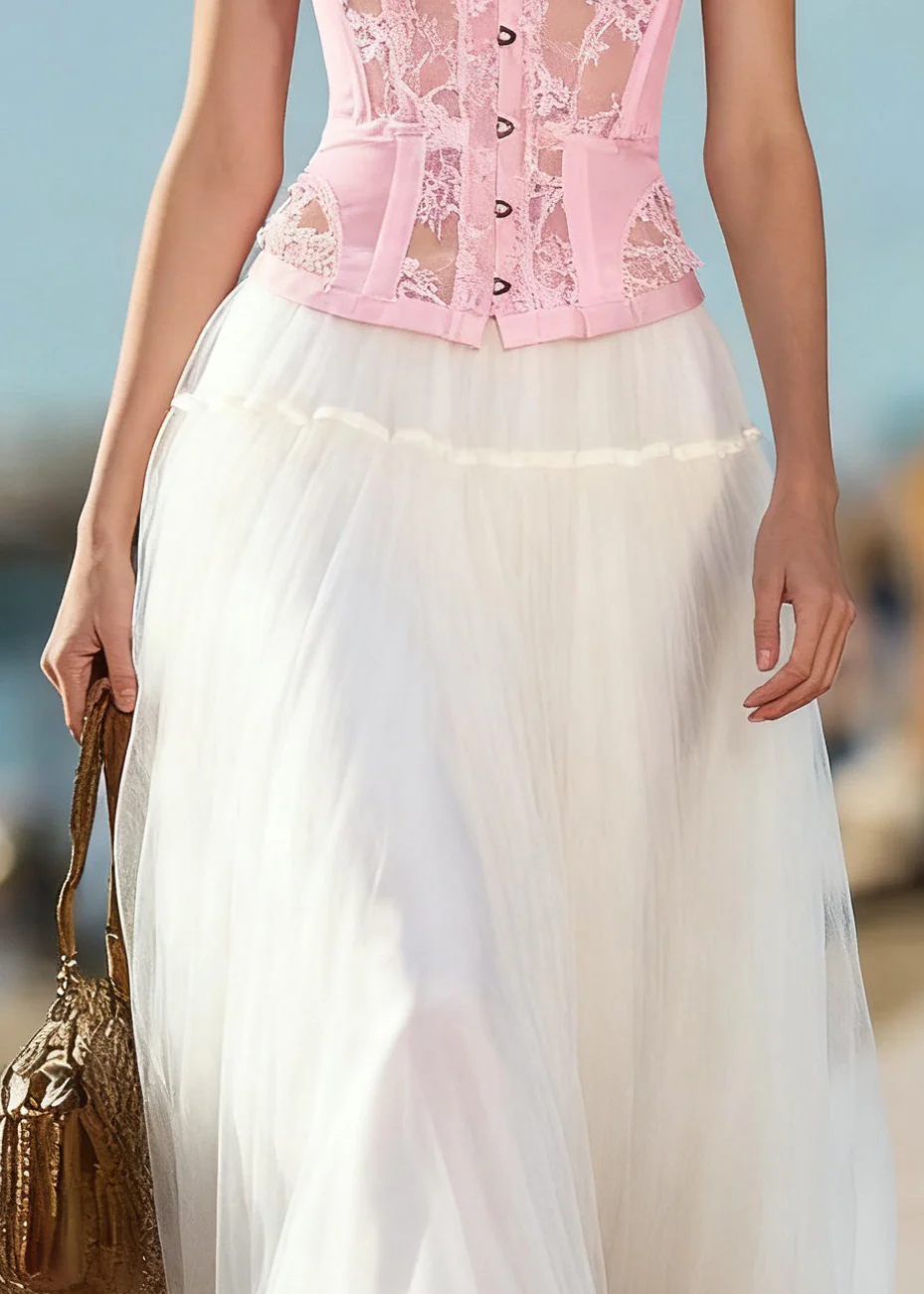 Art Beige Solid Elastic Waist Tulle Skirts Summer - Image 2