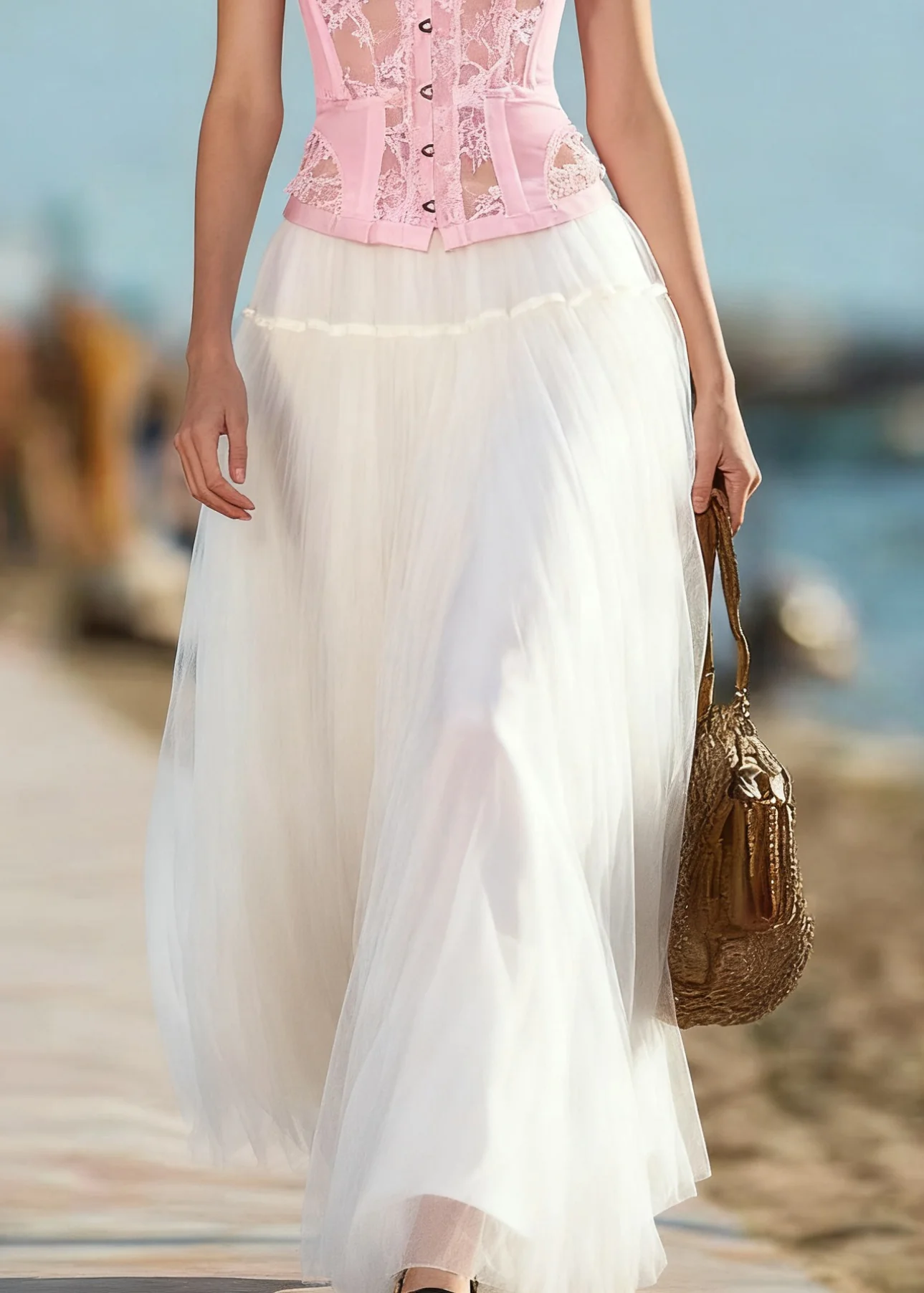 Art Beige Solid Elastic Waist Tulle Skirts Summer - Image 3