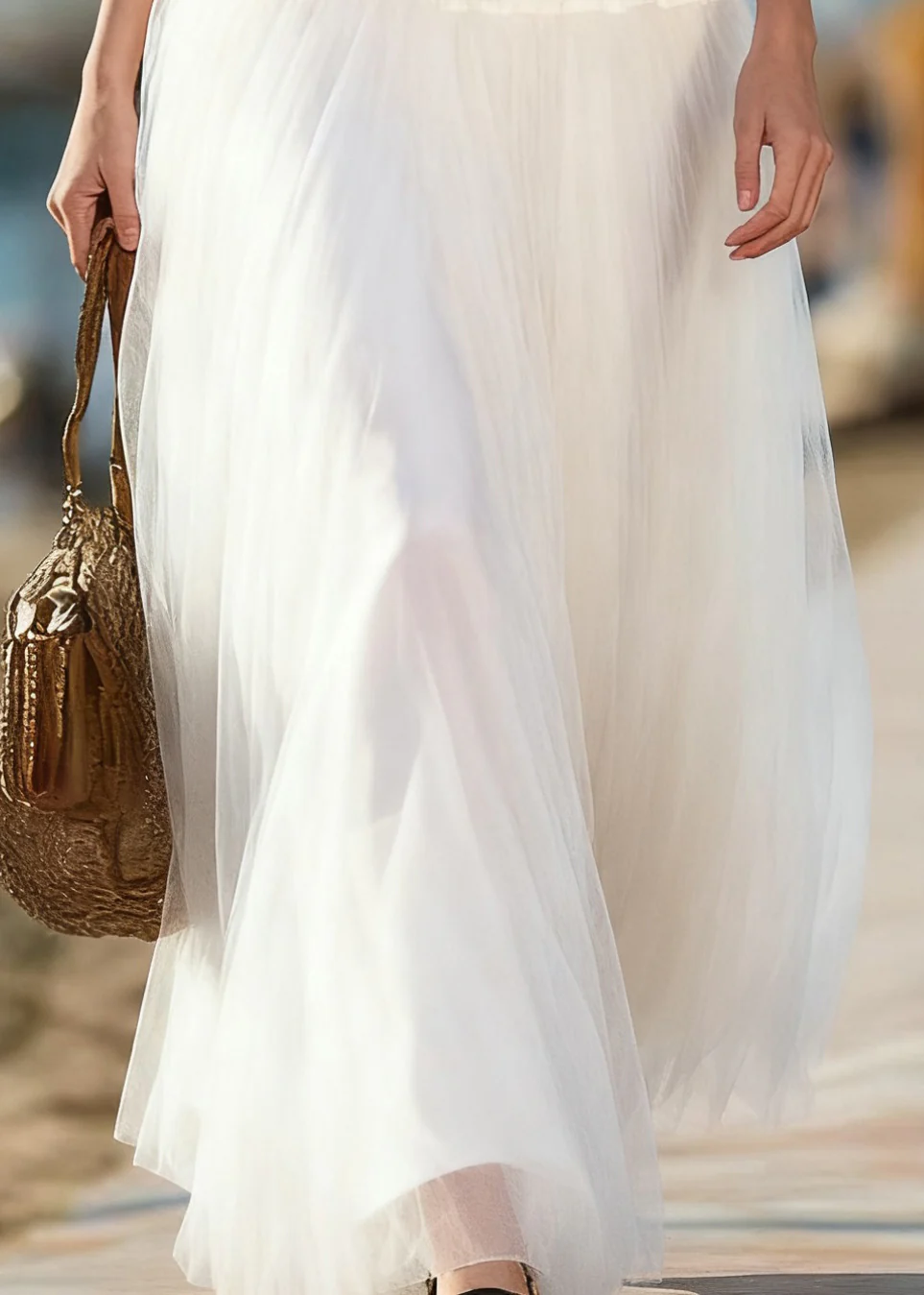 Art Beige Solid Elastic Waist Tulle Skirts Summer - Image 4