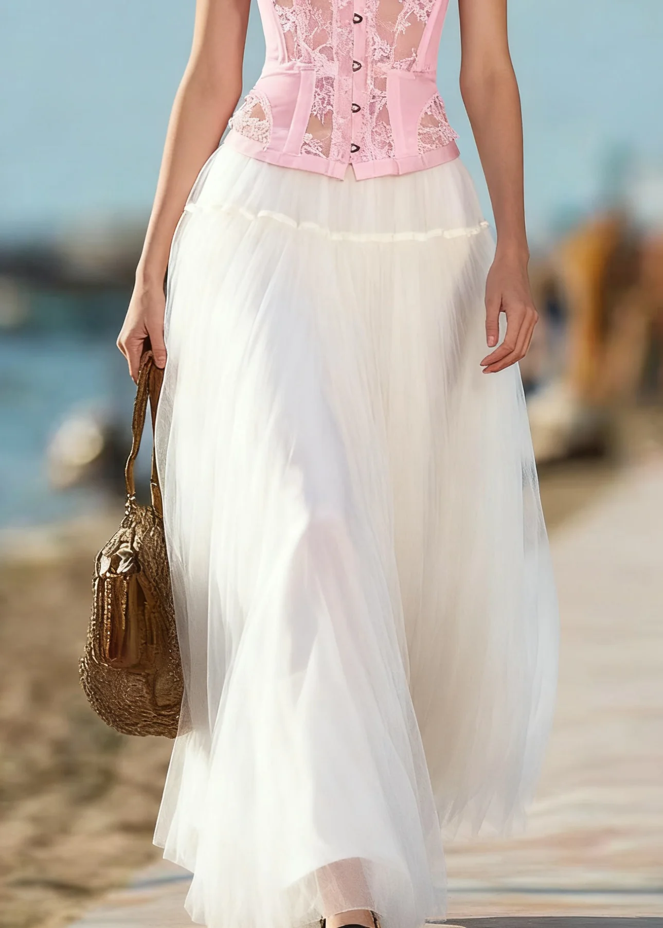 Art Beige Solid Elastic Waist Tulle Skirts Summer - Image 5