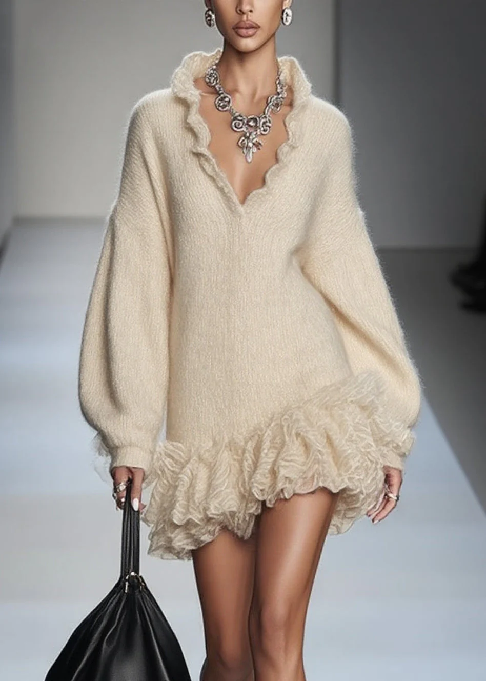 Art Beige V Neck Lace Patchwork Knit Mini Dresses Spring