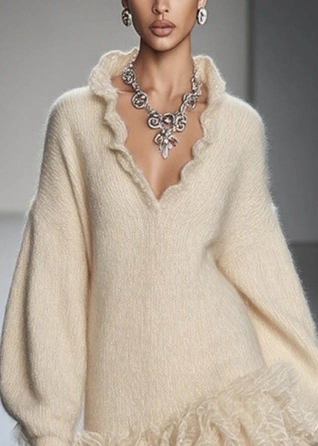 Art Beige V Neck Lace Patchwork Knit Mini Dresses Spring - Image 2