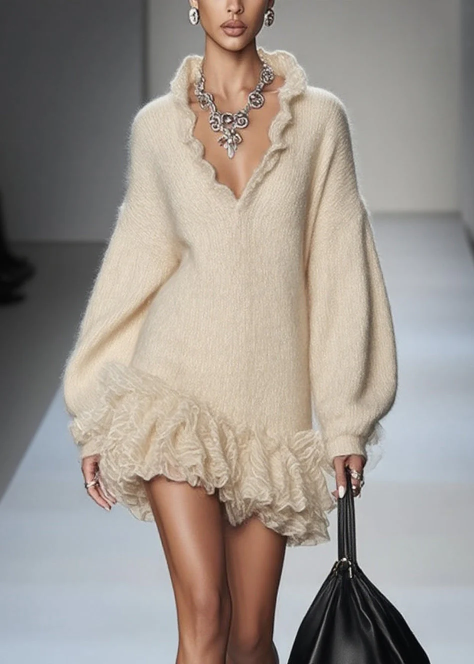 Art Beige V Neck Lace Patchwork Knit Mini Dresses Spring - Image 3