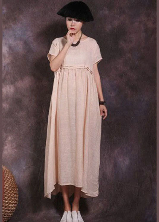 Art Beige wrinkled Patchwork Cotton Long Dress Short Sleeve - Image 3
