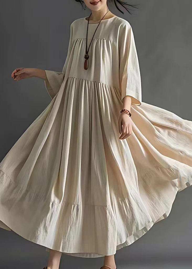 Art Beige Wrinkled Solid Cotton Long Dresses Bracelet Sleeve - Image 2