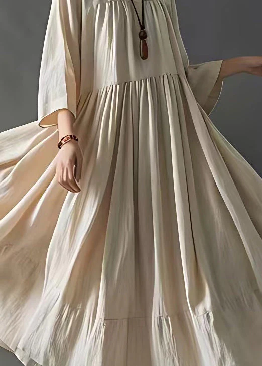 Art Beige Wrinkled Solid Cotton Long Dresses Bracelet Sleeve - Image 4