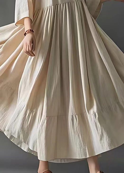 Art Beige Wrinkled Solid Cotton Long Dresses Bracelet Sleeve - Image 5