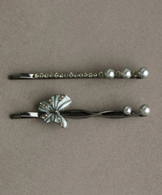 Art Black Alloy Zircon Pearl Butterfly Hairpin Two Piece Set - Image 2