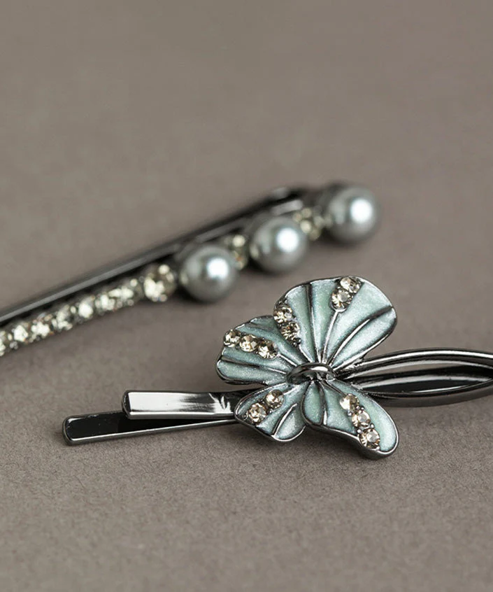 Art Black Alloy Zircon Pearl Butterfly Hairpin Two Piece Set - Image 3