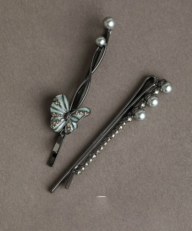 Art Black Alloy Zircon Pearl Butterfly Hairpin Two Piece Set - Image 4