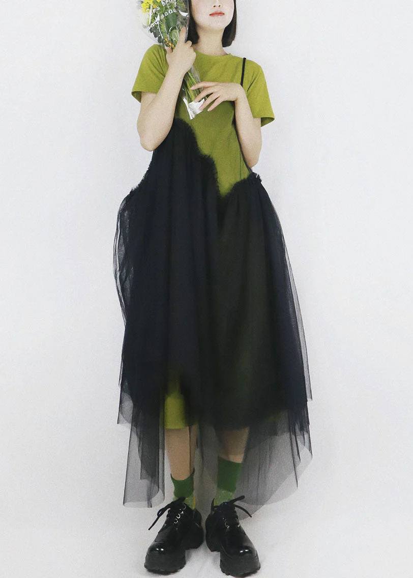 Art Black Asymmetrical Design Tulle Spaghetti Strap Long Dresses Smock Summer - Image 3