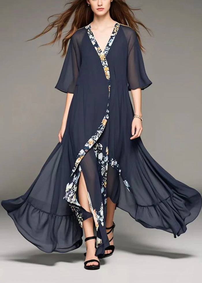 Art Black Asymmetrical Patchwork Chiffon Long Dresses Summer - Image 5