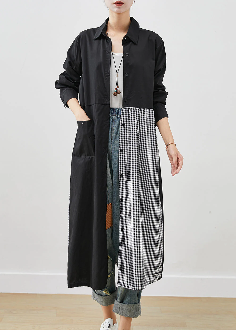 Art Black Asymmetrical Patchwork Plaid Cotton Dresses Fall - Image 2